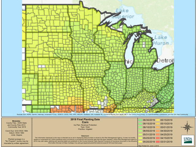 Corn&#039;s final planting dates for crop insurance have come and gone in some regions, but that doesn&#039;t mean it&#039;s too late to plant if you know the rules. (USDA map) 